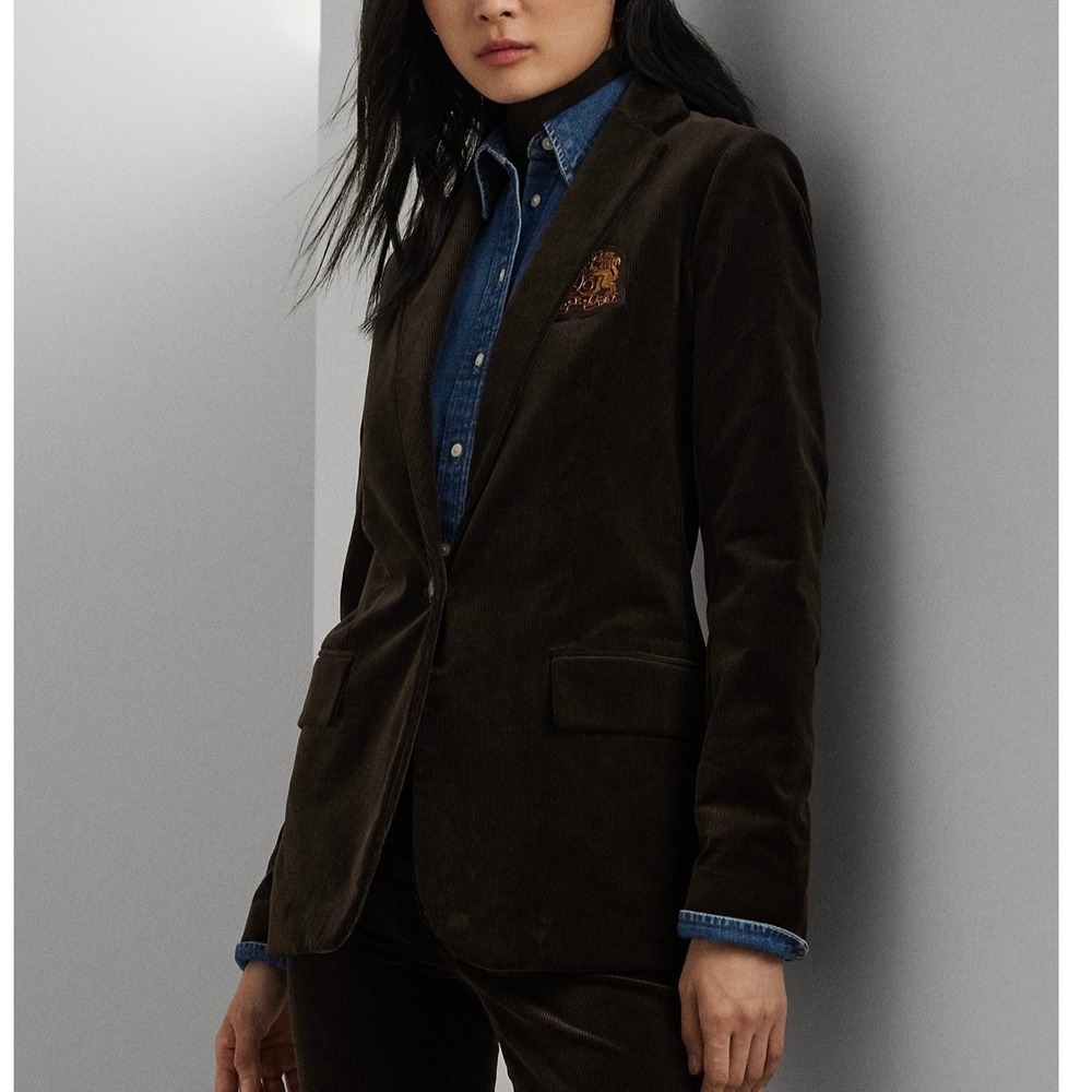 Lauren Ralph Lauren Women Brown Corduroy Blazer Jacket Crest Button Size 22W - Picture 2 of 12